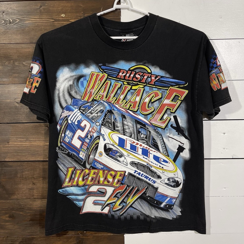 VTG‎ 90s Rare NASCAR Rusty Wallace License 2 Fly All Over Print T-Shirt